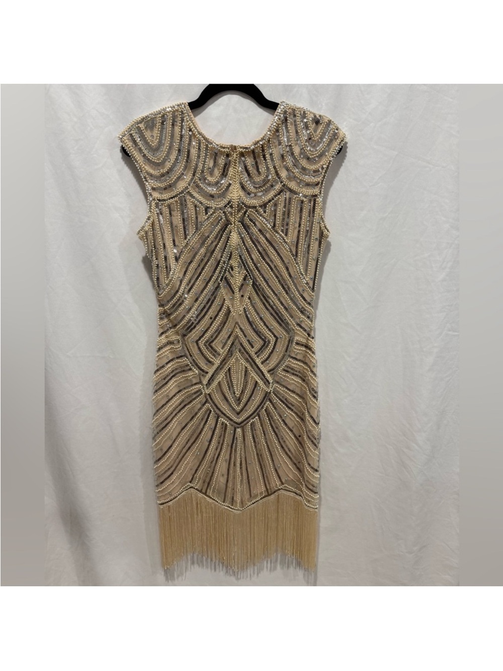 Beaded Fringe Sheath Dress in Champagne